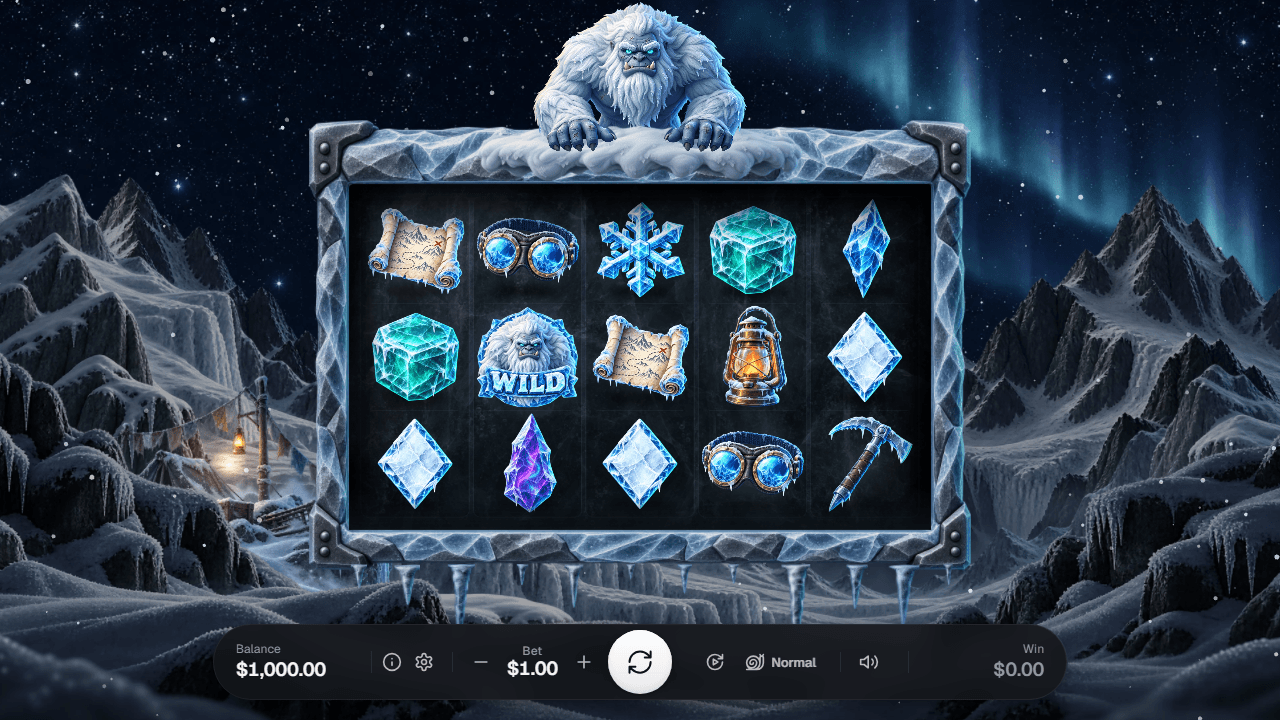 Yeti Whiteout at night: the Yeti grips an ice frame over a 5 by 3 reel grid, with mountains and aurora behind it.