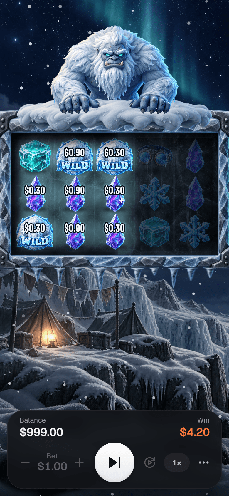 Yeti Whiteout on a phone, showing a win with Yeti Wilds on the reels.
